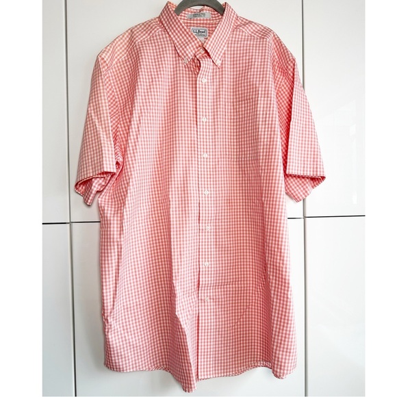 L.L. Bean Mens Orange Gingham Button Front Shirt Short Sleeve Size XL Tall - Picture 2 of 7